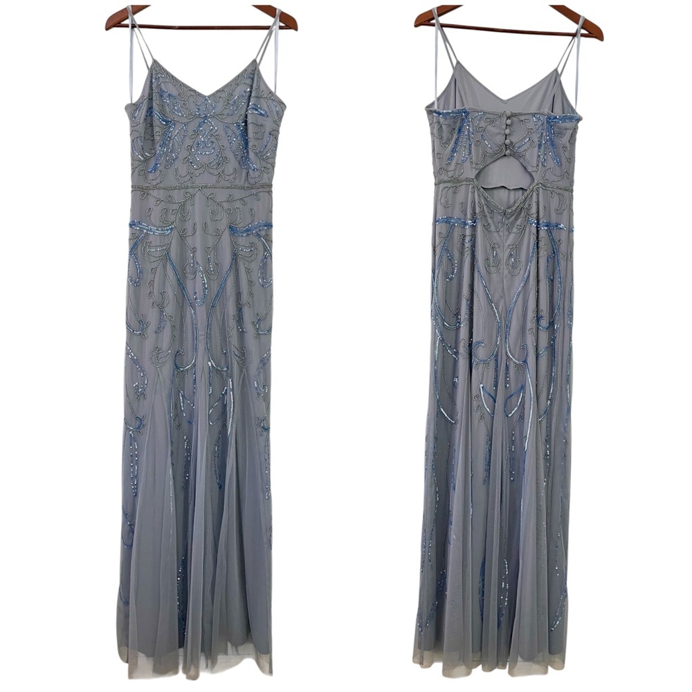 Adrianna Papell Platinum Elegant Blue Beaded Sequin Maxi Gown Size 10